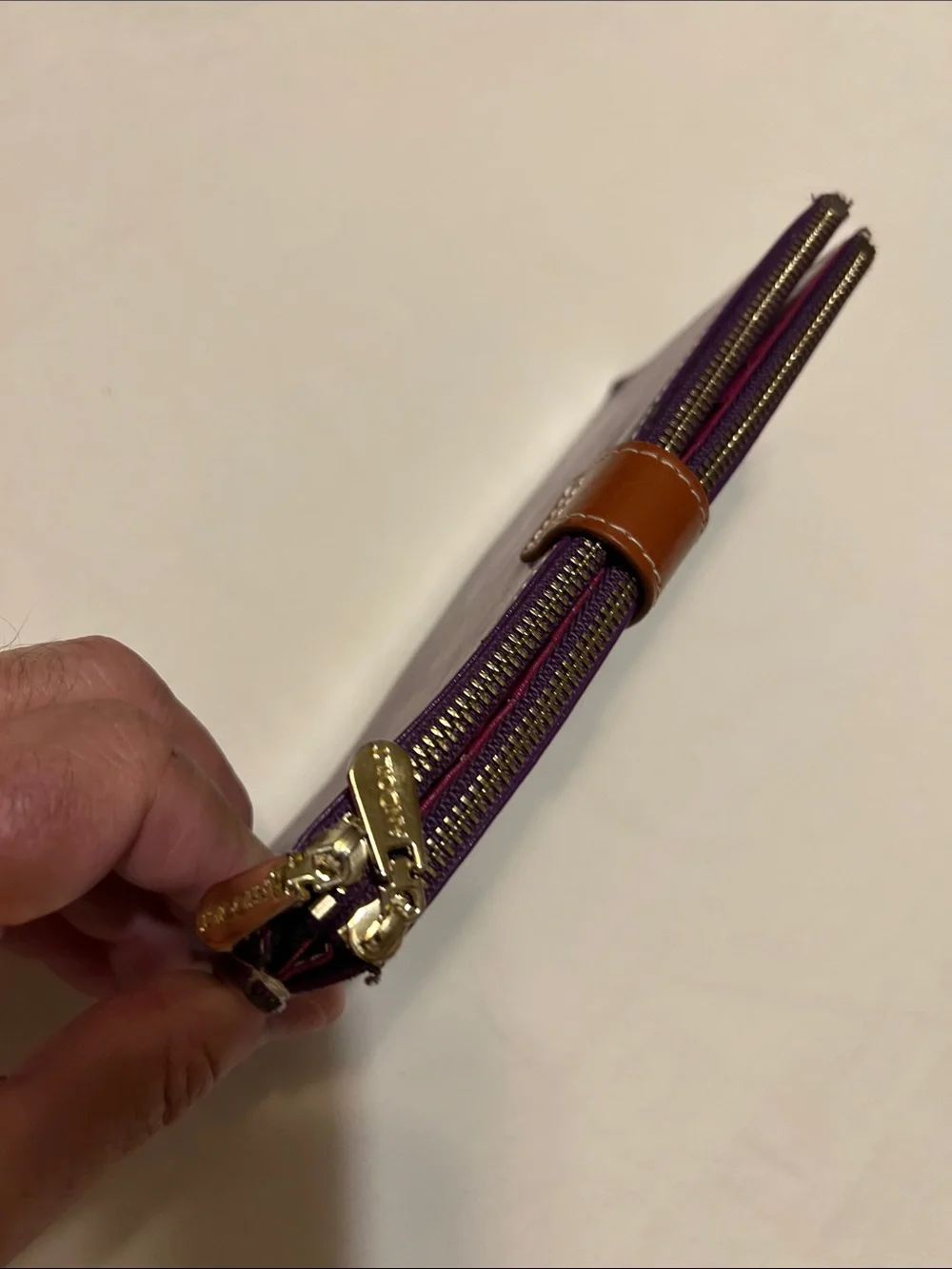 Purple Leather Zip Wallet with Brown Snap Strap